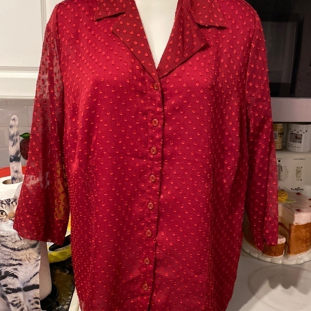 R womens JM Collection red 3/4 sleeve button front plus size blouse 18W. EUC